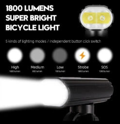 Hi-Max Rechargeable Bicycle Headlight (1800 Lumens) And Bonus Tail Light -Outdoor Equipment Store 120017 modes