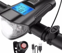 Hi-Max Rechargeable Bicycle Light (350 Lumens) With Horn And Speedometer, And 3V Rear Tail Light -Outdoor Equipment Store 120021
