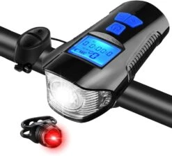 Hi-Max Rechargeable Bicycle Light (350 Lumens) With Horn And Speedometer, And 3V Rear Tail Light