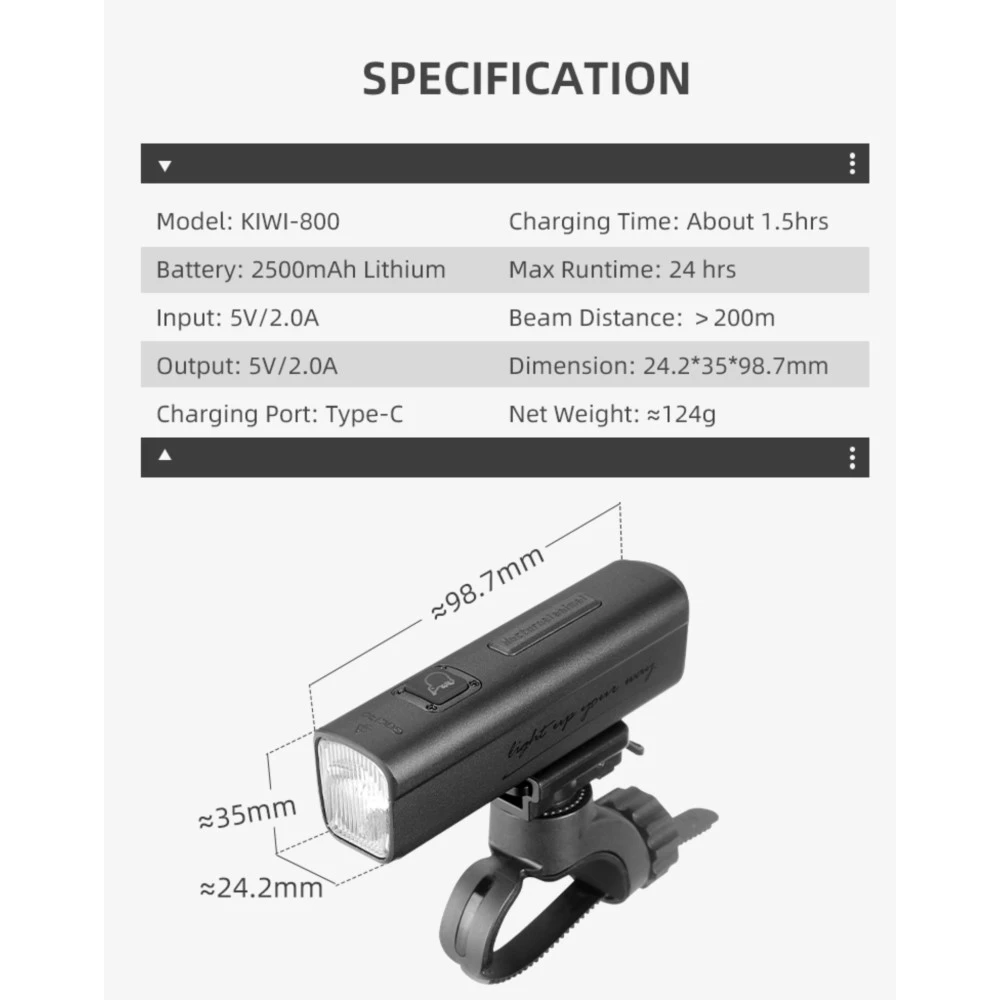 Gaciron KIWI-800 Rechargeable Anti-Glare Front Bicycle Light (800 Lumens) 12 Gaciron KIWI-800 Rechargeable Anti-Glare Front Bicycle Light (800 Lumens) - Image 10