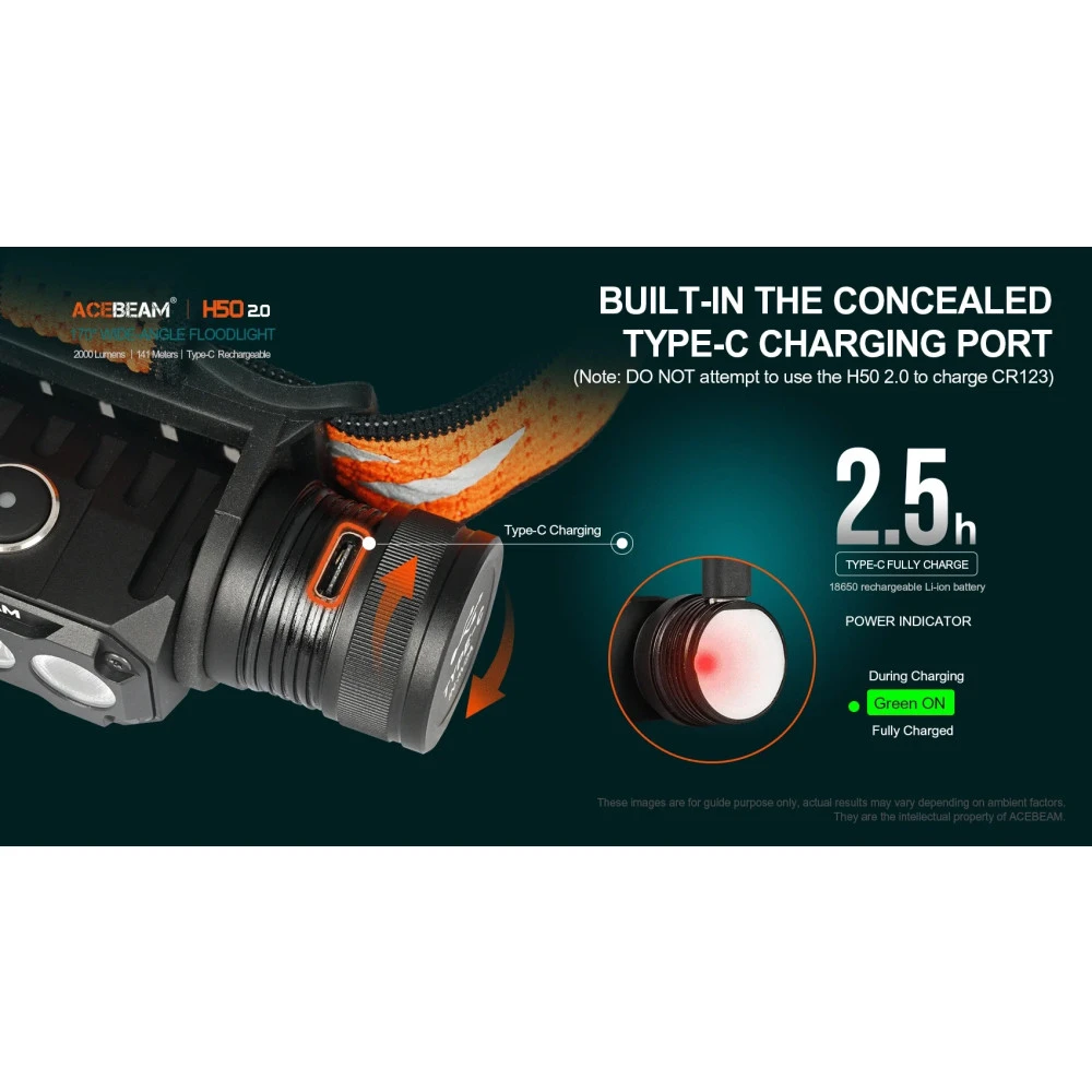 AceBeam H50 2.0 High Performance Rechargeable Spot/Flood High CRI Headlamp (2000 Lumens, 141 Metres) 7 AceBeam H50 2.0 High Performance Rechargeable Spot/Flood High CRI Headlamp (2000 Lumens, 141 Metres) - Image 5