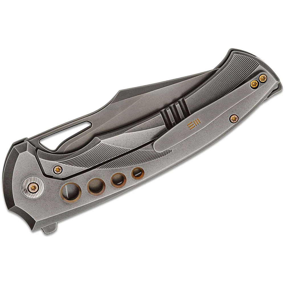 WE Knife Co. Swiftfin, 3.8" Polished Grey Modified Clip Point CPM-20CV Blade, Polished Grey Milled Titanium Handles, Damasteel Pivot Cap - WE23051-3 4 WE Knife Co. Swiftfin, 3.8" Polished Grey Modified Clip Point CPM-20CV Blade, Polished Grey Milled Titanium Handles, Damasteel Pivot Cap - WE23051-3 - Image 2