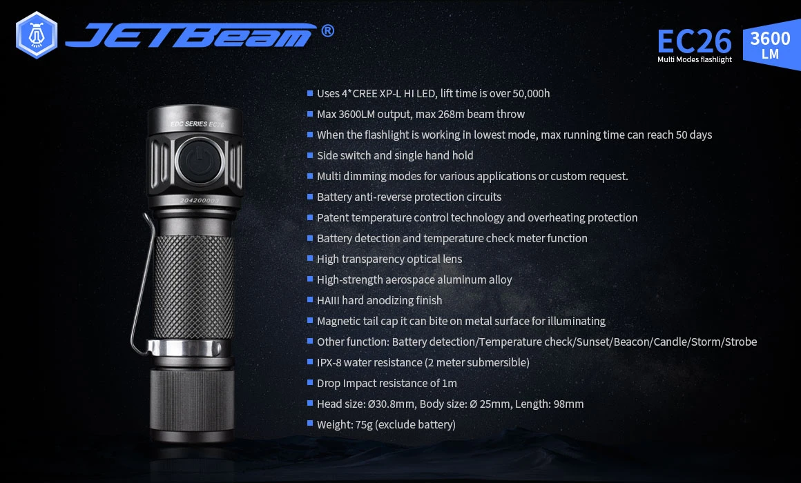 JETBeam EC26 EDC Pocket Flashlight With Stepless Dimming (3600 Lumens, 268 Metres) 5 JETBeam EC26 EDC Pocket Flashlight With Stepless Dimming (3600 Lumens, 268 Metres) - Image 3