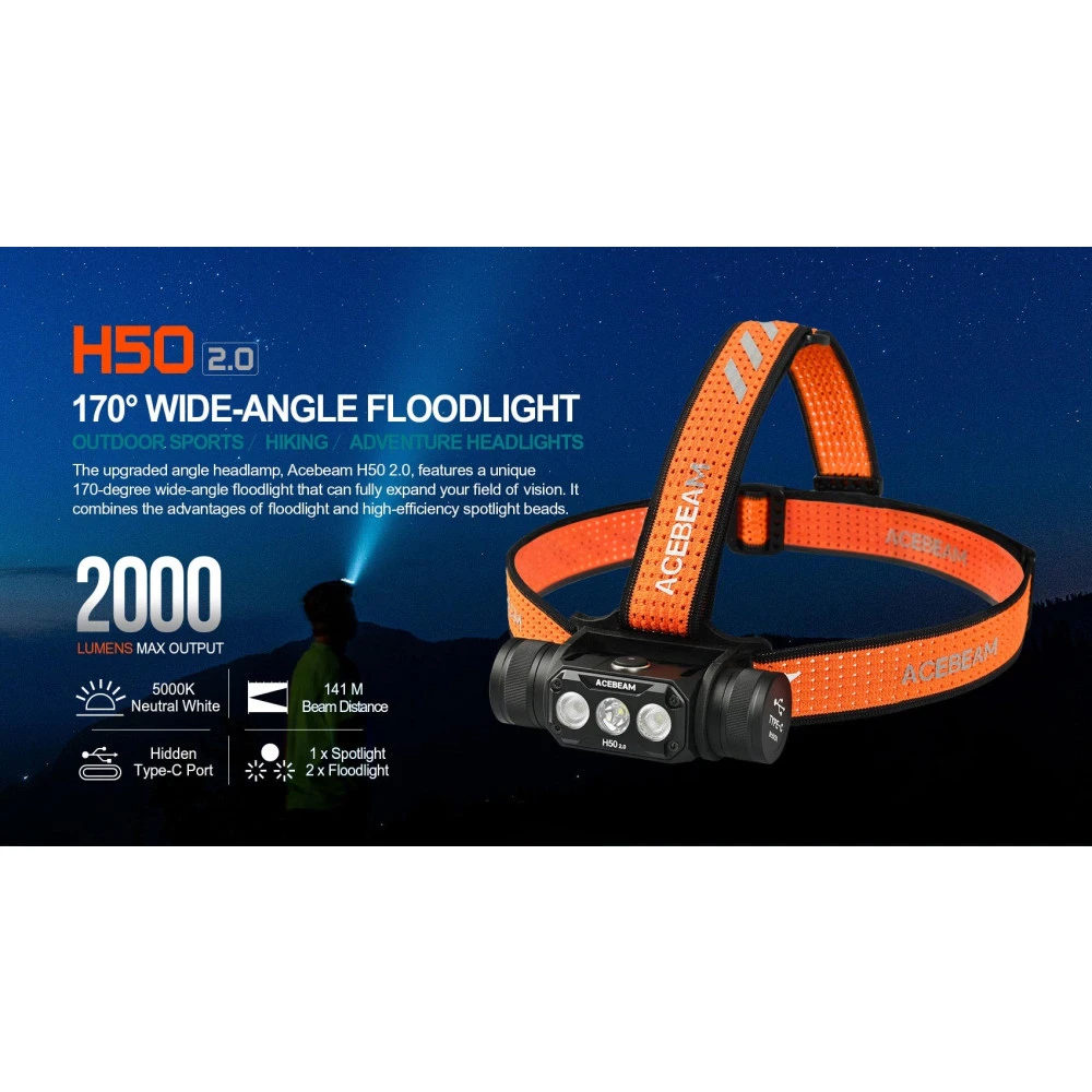 AceBeam H50 2.0 High Performance Rechargeable Spot/Flood High CRI Headlamp (2000 Lumens, 141 Metres) 4 AceBeam H50 2.0 High Performance Rechargeable Spot/Flood High CRI Headlamp (2000 Lumens, 141 Metres) - Image 2