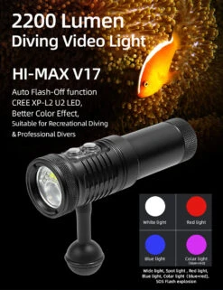 Hi-Max V17 Professional Diving Photo/Video Torch -2200 Lumens (Auto Flash LED And White/Red UV Light) -Outdoor Equipment Store V17