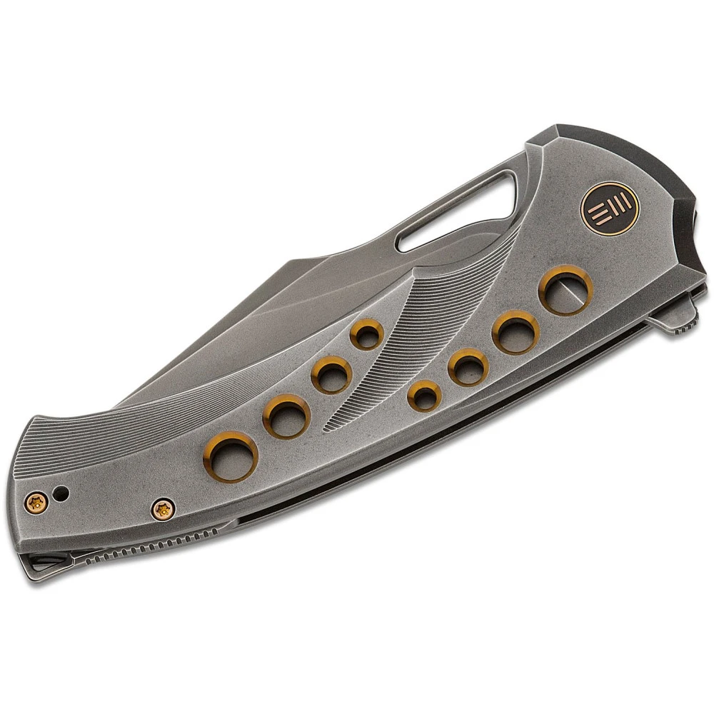 WE Knife Co. Swiftfin, 3.8" Polished Grey Modified Clip Point CPM-20CV Blade, Polished Grey Milled Titanium Handles, Damasteel Pivot Cap - WE23051-3 5 WE Knife Co. Swiftfin, 3.8" Polished Grey Modified Clip Point CPM-20CV Blade, Polished Grey Milled Titanium Handles, Damasteel Pivot Cap - WE23051-3 - Image 3