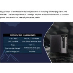 Imalent LD35 Rechargeable EDC Flashlight With Wireless Charging Case - Black (1200 Lumens, 328 Metres) -Outdoor Equipment Store uvFjC27KQzZ2FJxzDD7K07kCPnao9K metaTEQzNSBDaGFyZ2luZyBjYXNlIHNwZWNzLnBuZw3D3D